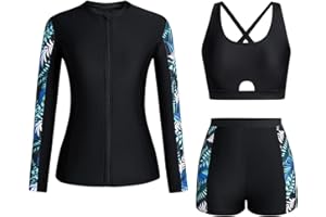ANNSEMO 3-Piece Rash Guard Swimsuits for Women UV UPF 50+ Long Sleeve Wetsuit Swimming Costume Zip Boyshort Bikini Set Modest Swimwear Sun Protection Swim Shirt Bikini Tops Surfing Bathing Suit
