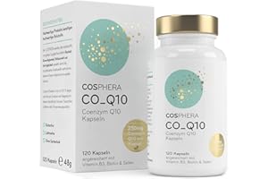 ‎COSPHERA Coenzym Q10 - Hochdosiert mit 250 mg pro Kapsel. 120 vegane Kapseln im 4 Monatsvorrat - Angereichert mit Biotin & Niacin als Beitrag zum Erhalt normaler Haut & für einen normalen Energiestoffwechsel.