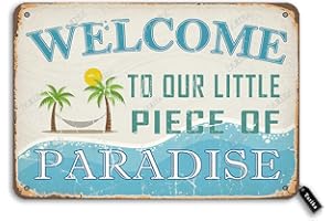 TARIKA Welcome to Our Little Piece of Paradise 20,3 x 30,5 cm Blech-Retro-Look-Dekoration, Kunstschild für Zuhause, Schwimmbad, Fluss, Strand, Bauernhaus, Garten, Outdoor, lustige Wanddekoration