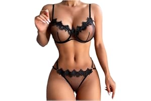 Laonajkd Ropa Interior Mujer Sexy Muy Transparente Pijama Semi Eróticas Picardías Atractivas Floral Encaje V Sin Espalda Atractivas Floral Encaje Camisa de señora+Braguita Conjunto de Lencería