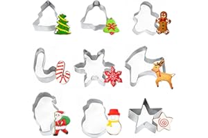 Crethink Mini Juego de Cortadores de Galletas Navideñas,9 Piezas,árbol,Copo de Nieve,Muñeco de Nieve,Reno,Papá Noel,Estrella,Campana,Bastón de Caramelo,Hombre de Jengibre