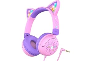 iClever Casque Audio Enfant, d'oreilles de Chat avec Éclairage LED, Volume Limité 85dba, Son Stéréo, Casque d'Écoute pour Enfants Pliable avec Fil 3.5 mm, pour ipad, Tablettes, Voyages, l'École