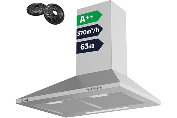 CIARRA Hotte Aspirante 60cm 370m³/h Classe A++- Evacuation ou Recyclage - Filtres à Charbon INCLUS - 3 Niveaux de Vitesse - Hotte Murale - Inox - CBCS6201