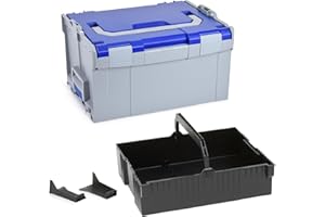 Bosch Sortimo L-BOXX 238 pusta walizka na narzędzia, z możliwością rozbudowy, szara z przemysłową niebieską pokrywką, w zestawie wkład do zawieszania, czarny
