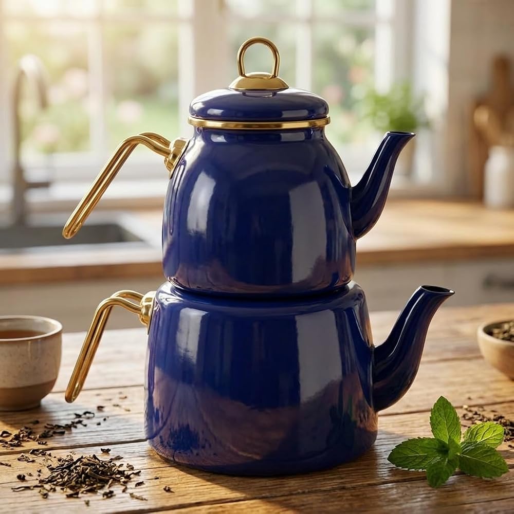 Deconox İçten Kaplamalı Emaye Çaydanlık Takımı - Gold Detaylı Nostaljik Alt Üst Çay Seti (1.2 Litre + 2 Litre) - 3 Renk Seçeneği (MAVİ)