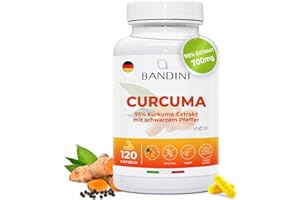 ‎BANDINI Bandini® Curcuma 700 mg Kurkuma pro Kapsel aus 95% Kurkuma-Extrakt — Curcumingehalt EINER Kapsel entspricht 10.000 mg – mit Piperin | 120 Kapseln, 1 Kapsel/Tag für 4 Monate