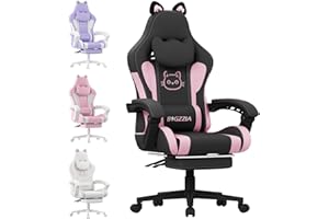 bigzzia Silla Gaming,Silla Gaming ergonómica con Orejas de Gato para niñas, niños y Adultos, Silla de Juegos de Ordenador Ajustable en Altura con reposacabezas y Soporte Lumbar de Masaje (Negro Rosa)