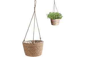 Wenrou Handgewebter Pflanzen Pflanzkübel Hängetopf Korb, Natürlicher Pflanzkorb Hängeampel Pflanzenampel, Boho Blumenampel, mit Kunststoffbeschichtung, Baumwollseil, für Wohnkultur Drinnen Draußen