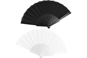 YUZHOU 2Pcs Hand Fan Folding Fabric Hand Fan Chinese Spanish Foldable Hand Fan Handheld Folding Kung Fu Tai Chi for Women Line Dance Cosplay Props Wedding Summer Festival Party Decorations Gifts White Black