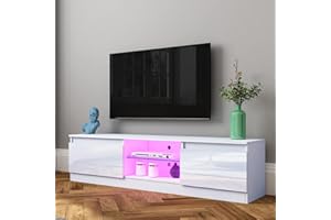 T AUNTY STORE TV Cabinet with LED Light 2 Doors 2 Glass Shelves for Living Room Furniture Sideboard High Gloss Front TV Stand Unit Entertainment Centre TV Console Media Unit White 160 cm