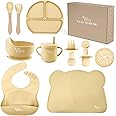 Yum Yum's Baby 10 Pcs Cream Weaning Set - Complete Toddler Feeding Kit w/Sectioned Plate, Suction Bowls, Cutlery with Mouth Guard, Straw Cup, Bib & Mat - Non-Slip - for Toddlers & Baby Gift