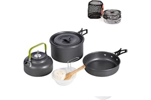 LATAWON Outdoor Camping Cookware Mess Kit, with Folding Cookset Teapot and Pans Set, Non-Stick Lightweight Pots, Mesh Storage Bag for Camping, Backpacking, Cooking