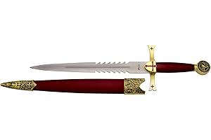AMONT Dolch Templer S0210RD, Goldener Knopf und arda, roter Griff, Gesamtgröße 40,5 cm, Stahlblatt mit glattem Teil und einem weiteren in Form Einer Säge, rote Hülse in goldenen Details.