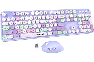 Zienstar-Pack de Teclado y Ratón Inalámbrico Español,Tecla Redondas Retro Vintage,Multicolores-Morado