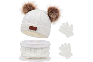 Waylipun Kids Winter Warm Beanie Hat Scarf Gloves Set, 3 in 1 Thicken Fleece Thermal Girls Skull Cap Scarf Mittens Set Super Soft Cap Neck Warm Gloves for 1~5 Years Old Toddler Girls Boys