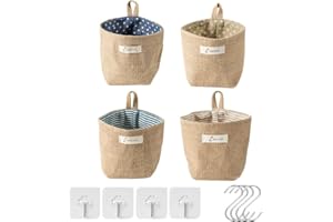 Haoh 4 Sac de Rangement Suspendu et Lin Avec Poignée en S et Crochet en J Paniers de Rangement Pliables Pour Jouets, Maquillage, Petites Affaires, Clés, Papier Toilette, Plantes en pot