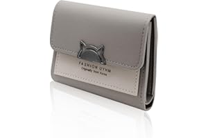 MultiValue Portmonetka damskie, skórzana, z głową kota, portfel z 7 przegródkami na karty i okienkiem na dowód osobisty, do przechowywania kart, gotówki, monet, szary