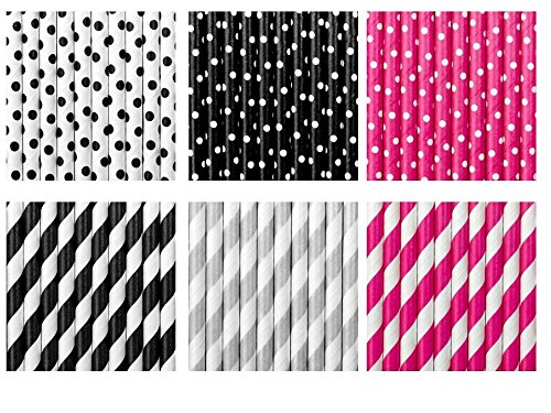 60-tlg. Set Papierstrohhalme Strohhalme MIX - Punkte Streifen - schwarz pink silber 20 cm