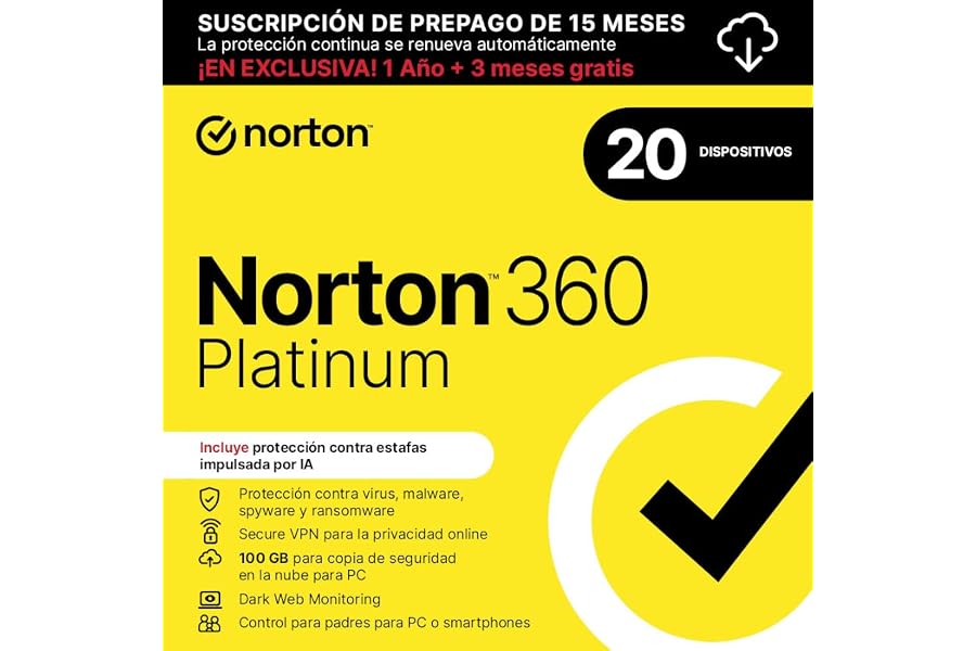 Norton 360 Platinum 2026| Antivírus 20 Dispositivos| 15 meses con renovación automática| Descarga digital
