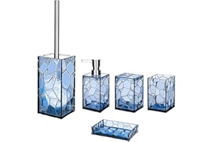 AKSIPO Acrylic Bathroom Accessories Set, 5 Piece Blue Bathroom Vanity Accessory Set with Toothbrush Holder Tumbler Soap Dispenser Soap Dish Toilet Brush Set, Elegant Bathroom Decor and Gift Set