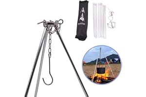 Rayeeley Portable Mini Camping Tripod for Campfire Cooking - Dutch Oven Adjustable Cooker, Grill Stand, Lantern Hanging Pot Holder With Storage Bag