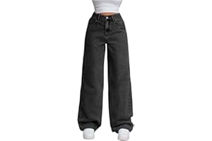 Generisch Jeanshose Damen Wide Leg Hose Baggy Jeans Straight Jeanshosen High Waist Palazzo Hose Weites Bein Stoffhose Hosenanzug Elegant Freizeithosen mit Taschen,S-XXL