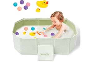 JOKAPY Baignoire Enfant Pliable, Baignoire Pliable BéBé avec Jouets 5 Balles et 2 Canards Bouchon de Vidange, Baignoire Bebe Pliable 30.7x17.7x9.8 Pouces pour Enfants 0 à 8 ans (Vert graffiti)