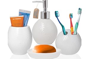COMFIFY Set di accessori per il bagno - 4 forni Set da bagno in ceramica con dispenser per sapone liquido o lozione, portaspazzolino, bicchiere e portasapone - Set decorativo con dettagli in rilievo