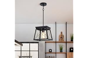 Ganeed Lampada a sospensione in metallo con finitura in legno, 1 lampadario a lanterna rustica, regolabile in altezza per cucina, isola, sala da pranzo, camera da letto (nero)