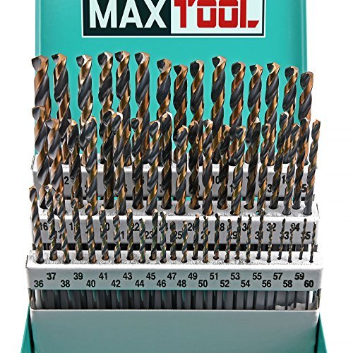 MaxTool JBS02H10R060 - Juego de brocas de giro HSS M2, calibre n.° 60, punta de repartición de 135°, totalmente en tierra, doble color, índice de metal de calidad, 60 unidades