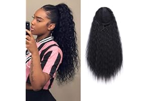 JUZIVIEE Koński ogon, przedłużenie włosów ze ściągaczem, długie przedłużenie włosów, naturalny czarny, afro, kręcone kucyki, do warkocza, 1B/ok. 56 cm, VD009P