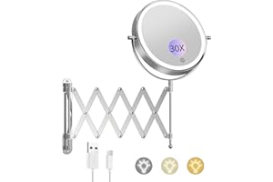 ‎FUNTOUCH FUNTOUCH USB Wiederaufladbar Kosmetikspiegel mit 1X/ 30X Vergrößerung, 3 Farben Beleuchtung, 4000 mAh, Verlängerter Arm Schminkspiegel, 360° Drehbar Wandspiegel für Badezimmer und Hotel