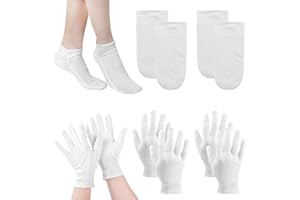 EQLEF Białe bawełniane rękawiczki i skarpetki nawilżające do stóp, wielokrotnego użytku 2 pary białe bawełniane rękawiczki i 2 pary bawełniane skarpetki nawilżające dla kobiet wyprysk suche dłonie