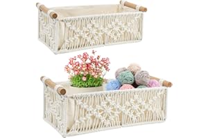 HEKOBAG Lot de 2 Panier Rangement Tressés, Corbeille Tressé Rectangulaire Panier de Rangement Corde de Coton Fait Main Panier Rangement Salle de Bain avec Poignées pour Salon Chambre à Coucher (Beige)