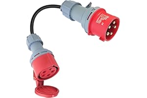 IUSOT Adaptateur courant fort 32 A vers 16 A, fiche CEE vers prise CEE, 5 broches, protection IP44, câble d'alimentation puissant de 50 cm pour industrie, extérieur, prise CEE 16 A