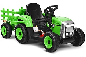 COSTWAY 12V 3-Gang Traktor mit abnehmbarem Anhänger und 2,4G Fernbedienung, Kinder Aufsitztraktor mit LED Lichtern, Musik, Hupe & USB Funktionen, geeignet für Kinder ab 3 Jahren (Grün)