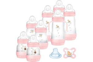 MAM Biberon Set Neonato con 8 biberon anticolica Easy Start, 1 Ciuccio Original Start, 1 Beccuccio extra morbido e 1 Manico, Accessori neonati per ridurre bolle d'aria e il rischio di coliche, Rosa