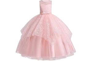 IDOPIP Robe Enfant Fille Mariage Dentelle Tulle sans Manches Broderie Perles Bow Demoiselle d'honneur Anniversaire Partie Princesse Longue Robe De Bal Soirée