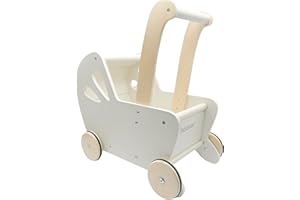 Moover Essential Dolls Pram for Toddlers, Assembly Required, Designed in Denmark from MDF, Push Along Toy, 18 Months +, 44 x 41 x 24 cm, Off-White and Natural Wood