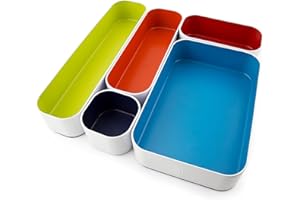 Three by Three Seattle 5 Piece Metal Organizer Tray Set for Storing Makeup, Stationery, Utensils, and More in Office Desk, Kitchen and Bathroom Drawers (2 Inch, Assorted Colors)