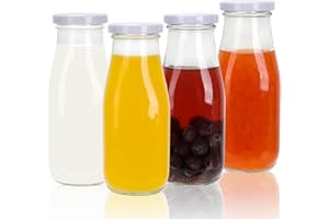 SHIZAK 4 Pack 11 oz / 330 ml Clear Glass Milk Bottles with Lids (Tinplate). Glass Drinking Bottles for Juicing,Water,Honey. Vintage Jars With Labels and Pen