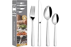 Cutlery Set, Terlulu 32 Piece Stainless Steel Flatware Set, Tableware Silverware Set with Spoon Knife and Fork Set, Mirror Polished, Dishwasher Safe - Service for 8