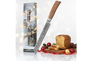 WAKOLI Edib Pro Couteau à Pain Damassé I Lame tranchante de 20 cm en acier damassé à 67 couches avec noyau VG10 et manche en bois de pakka I Couteau de cuisine professionnel & couteau damassé