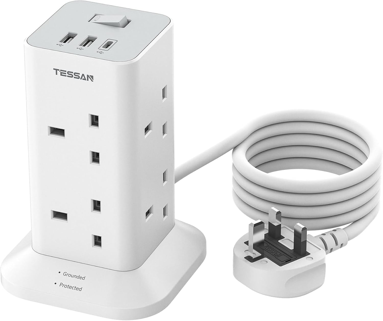 TESSAN Tower Extension Lead with USB C Slots, 8 Way Plug Extension Socket with Switch, Surge Protected Power Strip with 2M Cable for Home, School Supplies