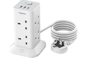 TESSAN 8 Way Tower Extension Lead 2M with USB C Slots | Plug Extension Socket with Switch, Surge Protected Power Strip with 2 Metre Cable for Home, School Supplies