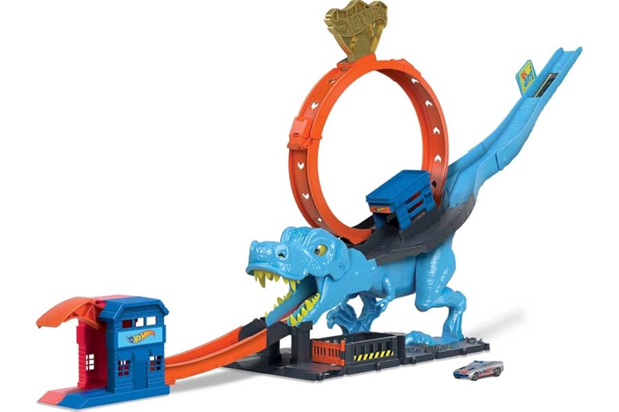 Hot Wheels City Racetrack, T-Rex Chomp Down, Knock Down Dinosaur with Car Stunt in Giant Loop, Includes 1 Toy Car in 1:64 Scale, Toys for Ages 4 and Up, One Pack, HNP77