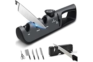 BOCHION Aiguiseur Couteaux Professionnel, 4 en 1 Affuteur Couteau avec Ciseaux, 6 Niveaux Réglable Bouton D'angle Eguiseur de Couteau, Multifonctionnel Affuteur Couteau Manuel & Aiguiseurs Poche(Gris)