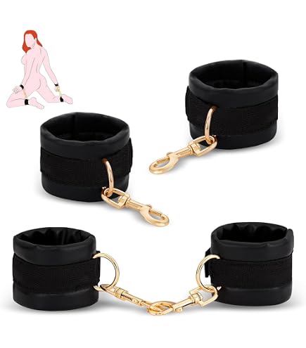 Menottes en cuir, largeur 5 cm, doublées - noir / bleu