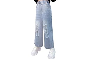 Hangzhikids Girls' Casual Elastic Waist Wide Leg Jeans Cool Ripped Jeans Age 5-14 Years
