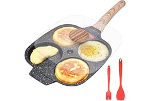 Bobikuke Pancake Pan Non Stick, 4 Hole Egg Frying Pan with Lid Burger Pan Multi Aluminum Fried Egg Pan for Breakfast - Black